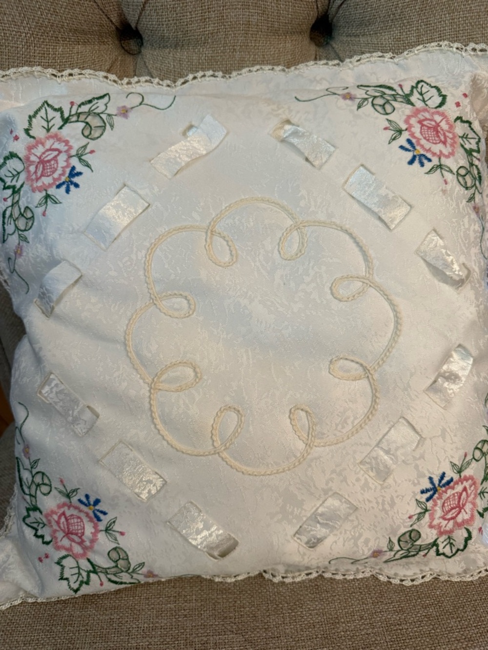 VTGEmbroidered Floral Lace Throw Pillow - White with Pink Roses - Picture 3 of 7